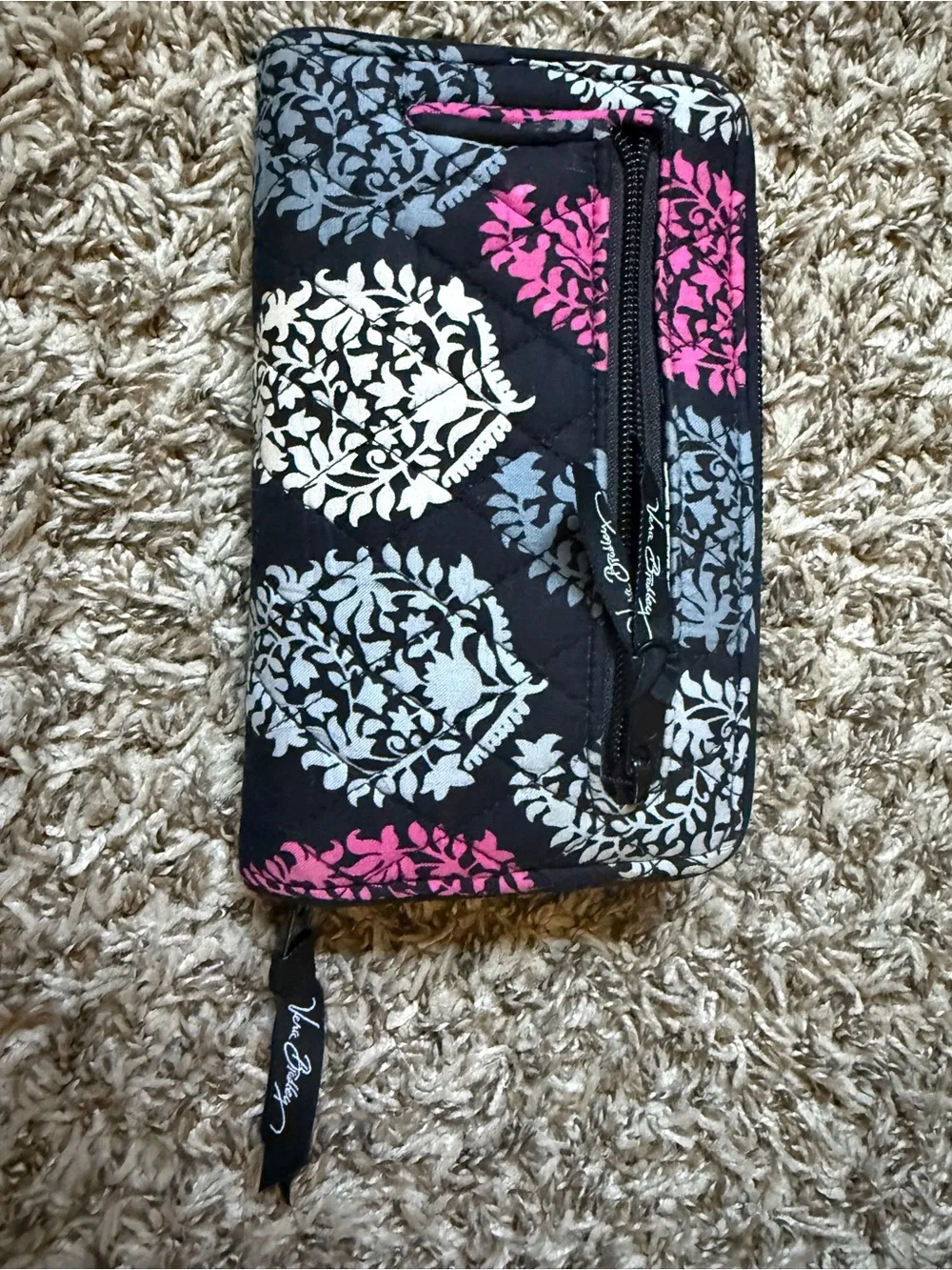 Vera Bradley Black Quilted Wallet with Pink & Gray Floral Medallions